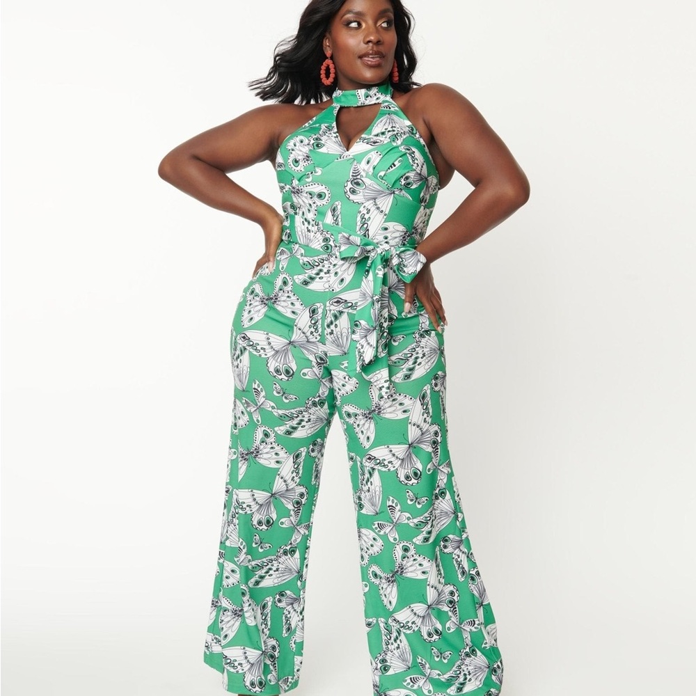 Unique Vintage/Smak Parlour Green Butterfly Jumpsuit